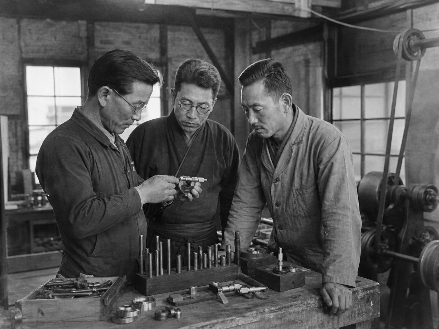木工の実習に取り組む架空の創立期の学生たち