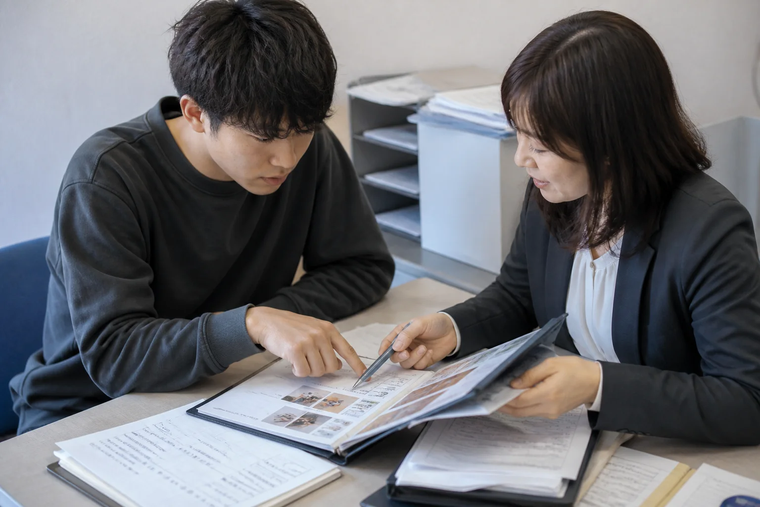 相談席で活動記録を確認する架空の学生と教員