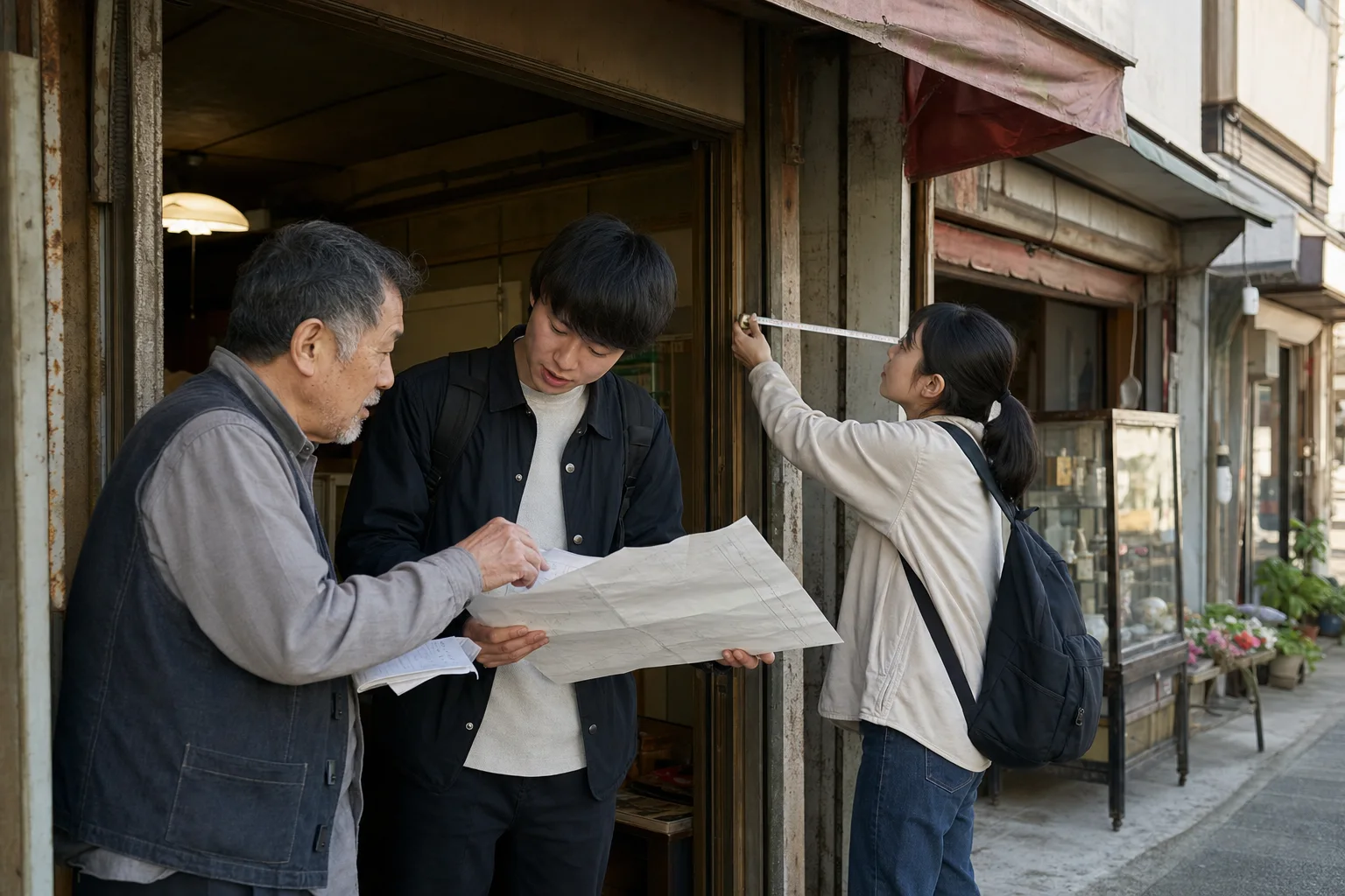 商店街で聞き取りをする架空の学生たち