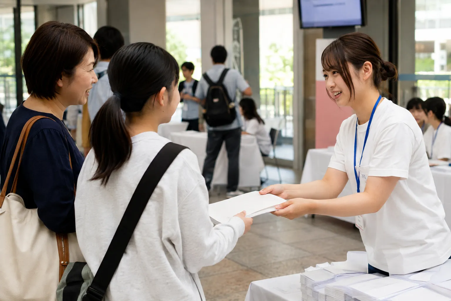 オープンキャンパス受付で案内を受け取る架空の参加者