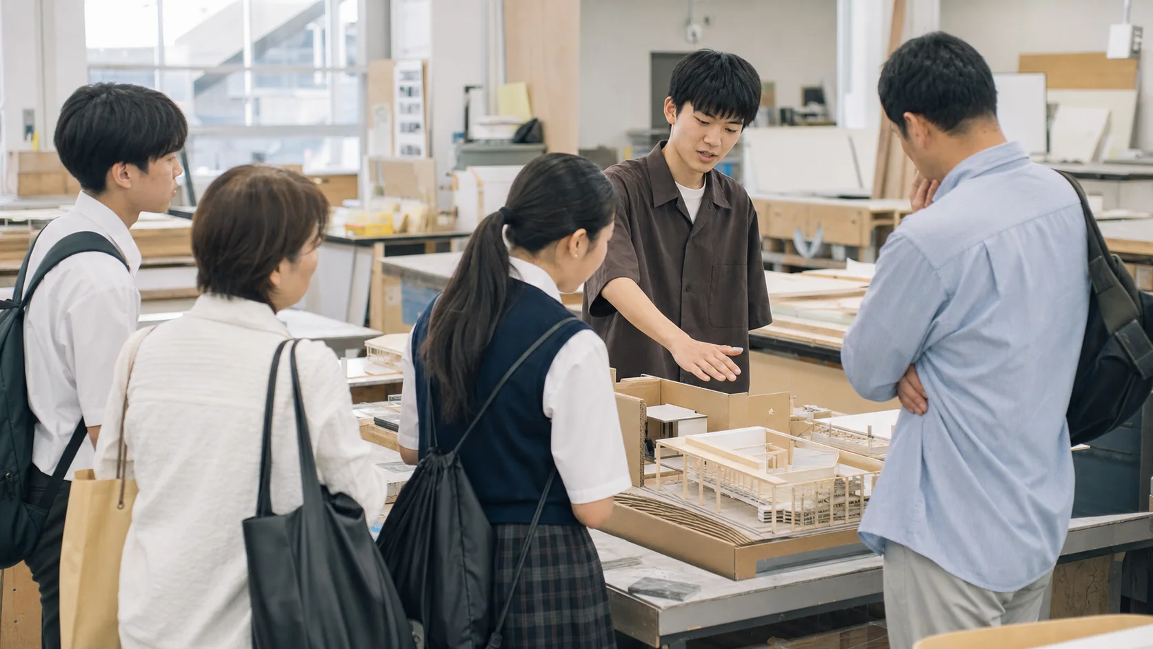 制作スタジオを案内する架空の在学生と参加者