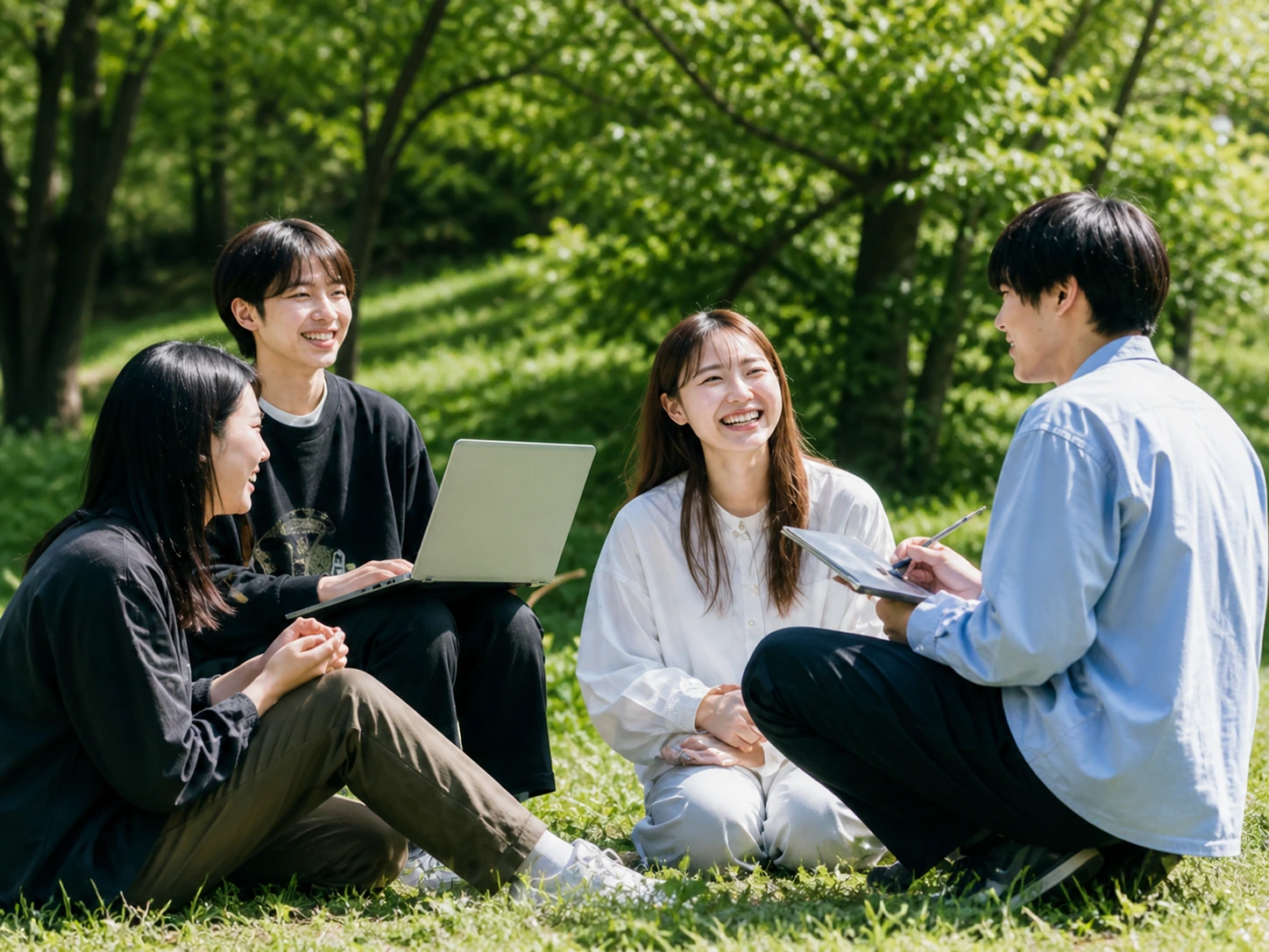 芝生広場で話す架空の学生たち