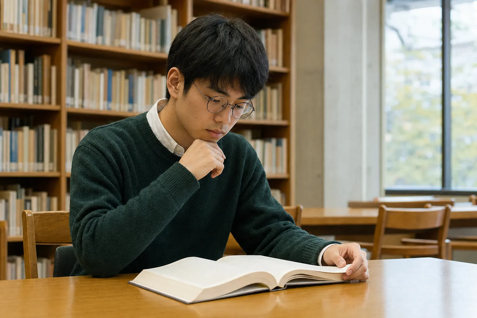 図書館で資料を読む架空の学生