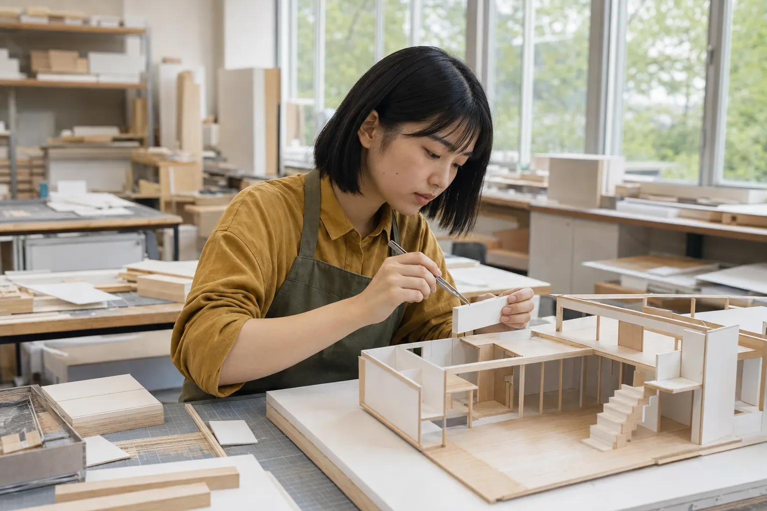 建築模型を調整する架空の学生