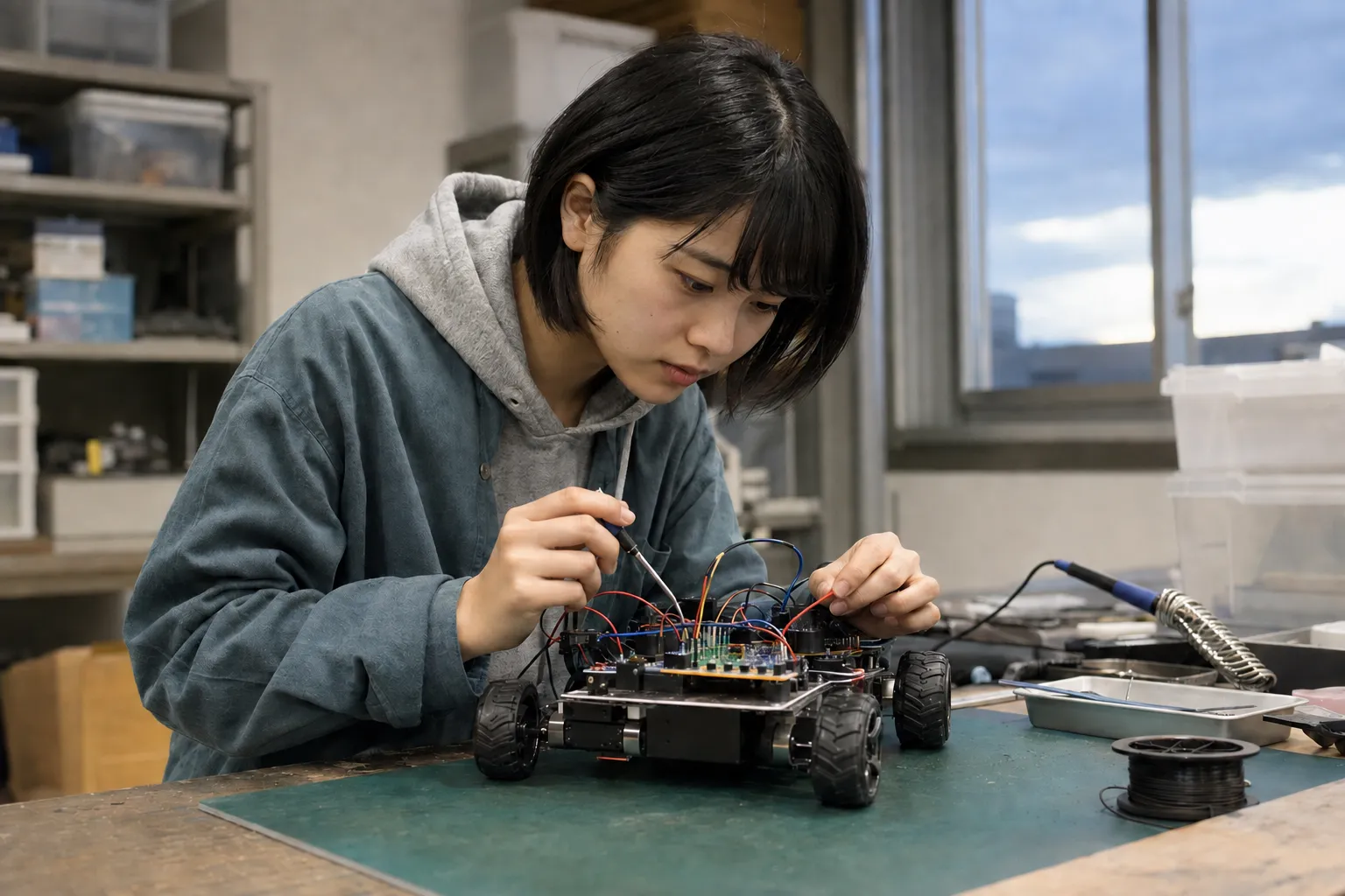 小型ロボットを試作する架空の学生