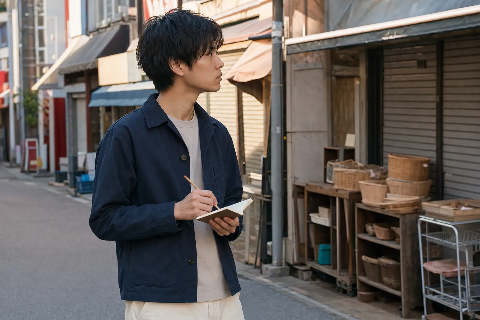 街角でノートを取る架空の学生